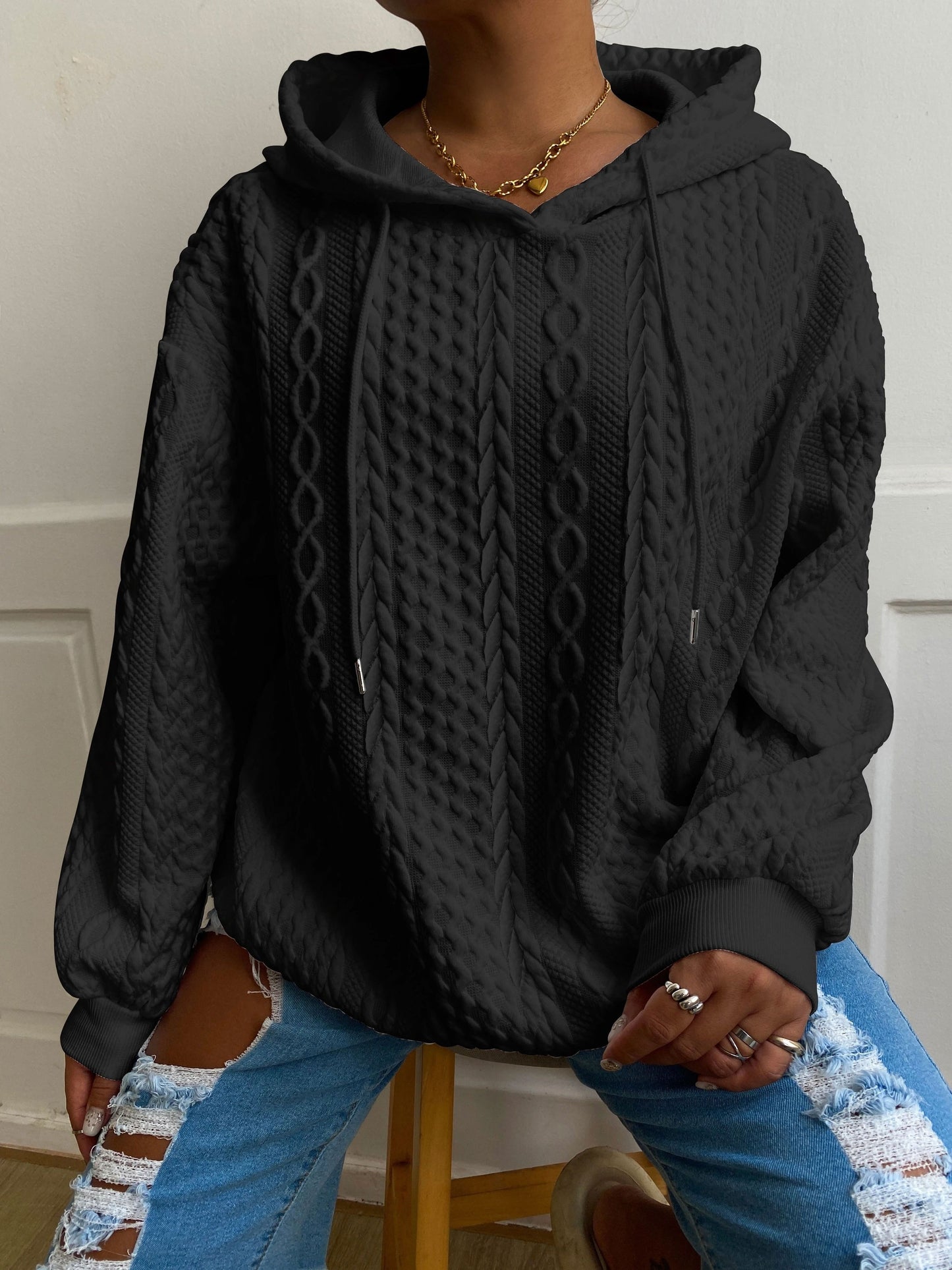 Plus Size Women's Solid Ribbed Long Sleeve Hoodie - Slight Stretch Drawstring Sweatshirt