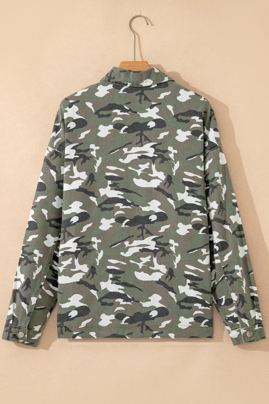 Green Camo Chest Pockets Loose Jean Jacket