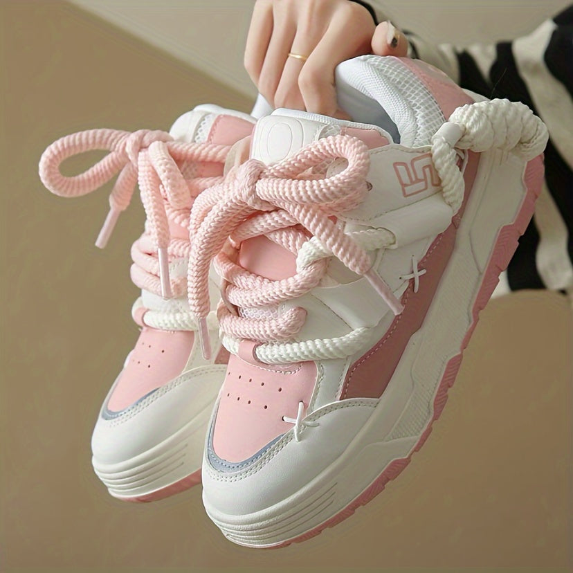 Cute Women's Chunky Pink Lace-Up Sneakers
