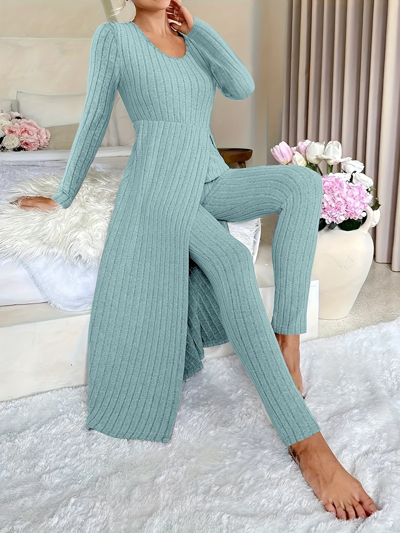 Ribbed Two-Piece Long-Sleeved Top and Pants Set