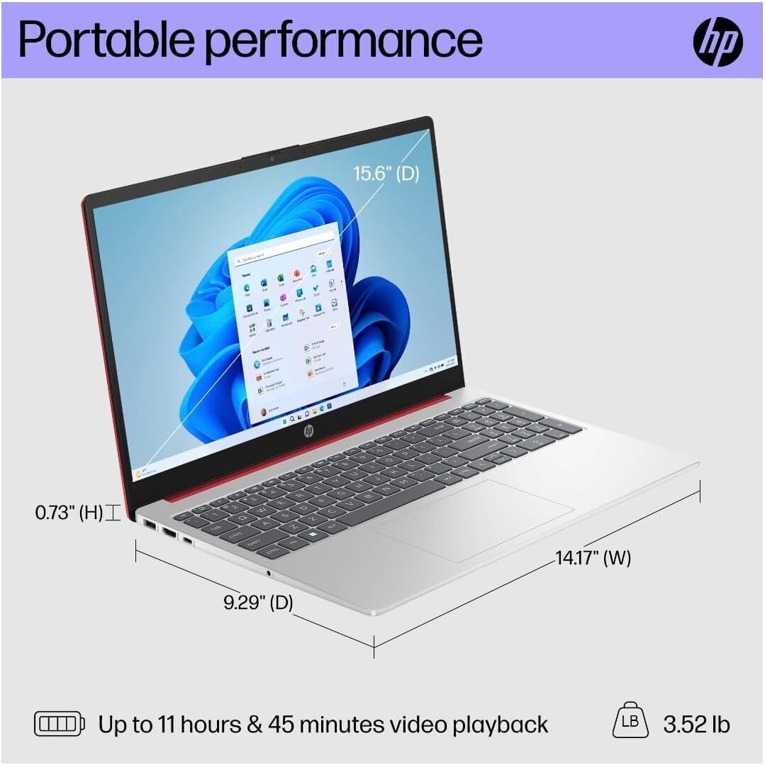 HP 15 Laptop 15.6" HD Pentium Quad-Core N200 16GB 128GB SSD Webcam Win 11 Red