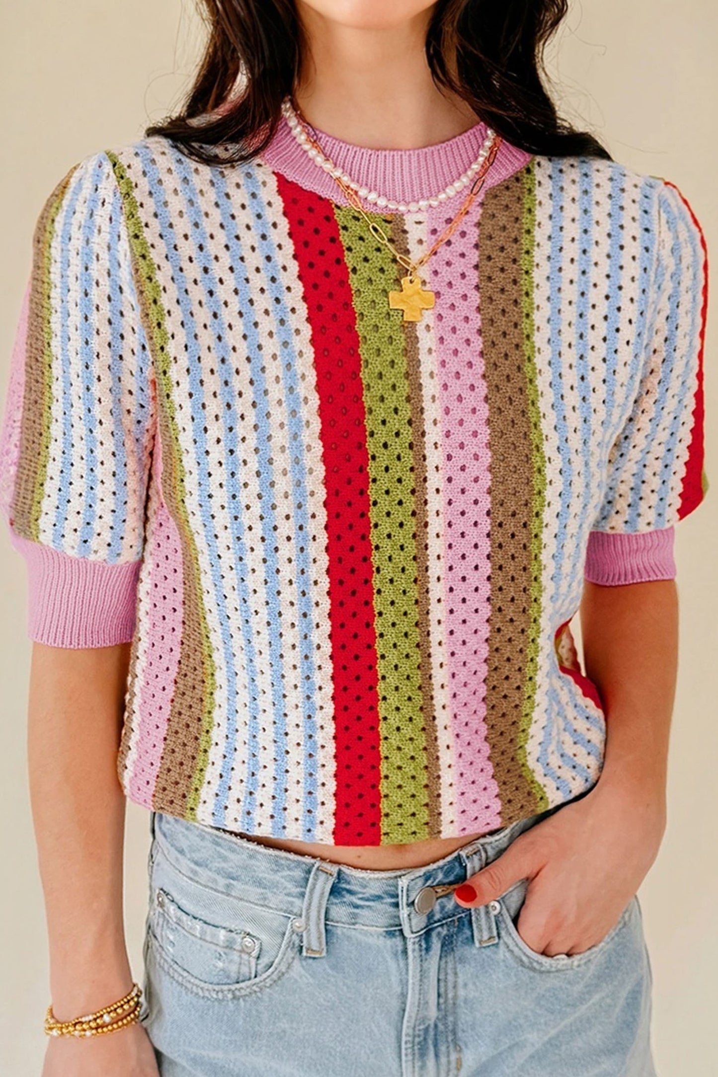 Multicolor Striped Pointelle Knit Short Sleeve Sweater