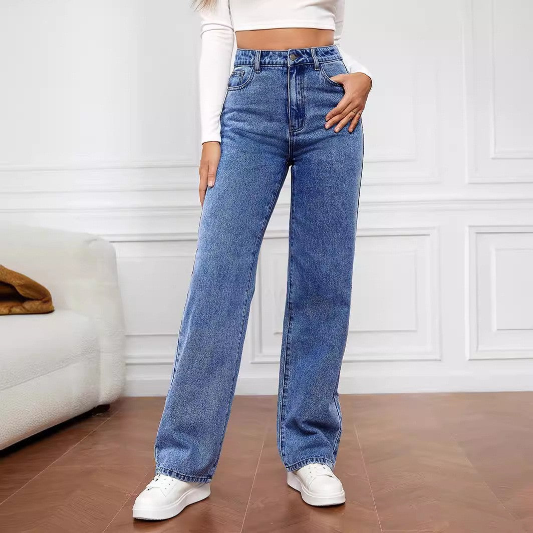Women's Mid Waist Washed Straight Jeans