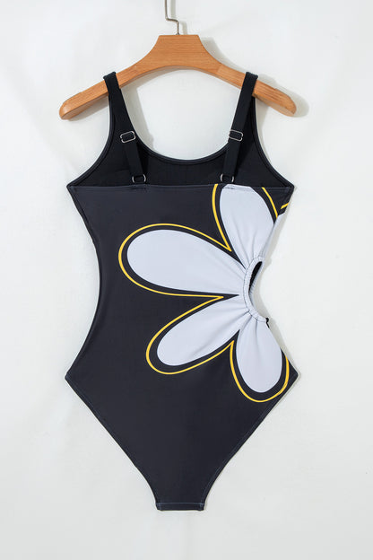 One Piece Black Drawstring Big Hole Floral Swimsuit