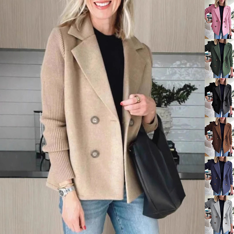 Women's Double Breasted Knitted Sleeves Lapel Jacket