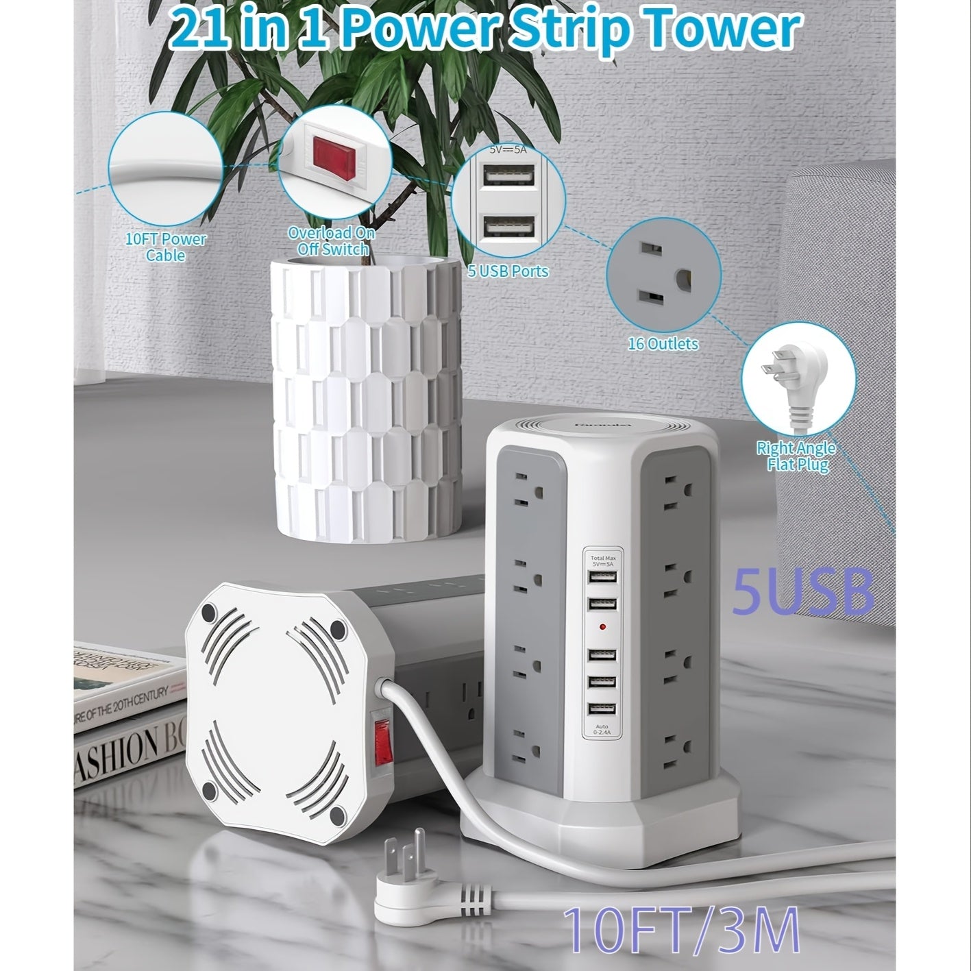 LEVEL 4 Upgraded 16 AC Outlets Power Strip Tower with USB/USB C Port