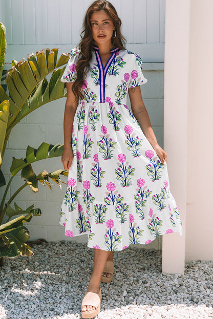 White Floral Puff Short Sleeve V Neck High Waist Maxi Dress