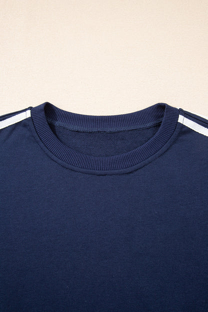 2pcs Dirty Blue Varsity Striped Detail Crewneck Pullover Elastic Sweatpants