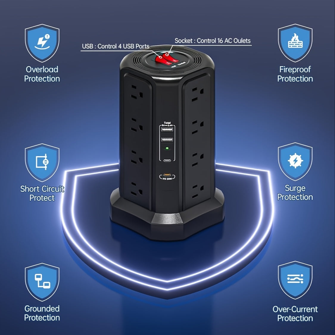 LEVEL 4 Upgraded 16 AC Outlets Power Strip Tower with USB/USB C Port