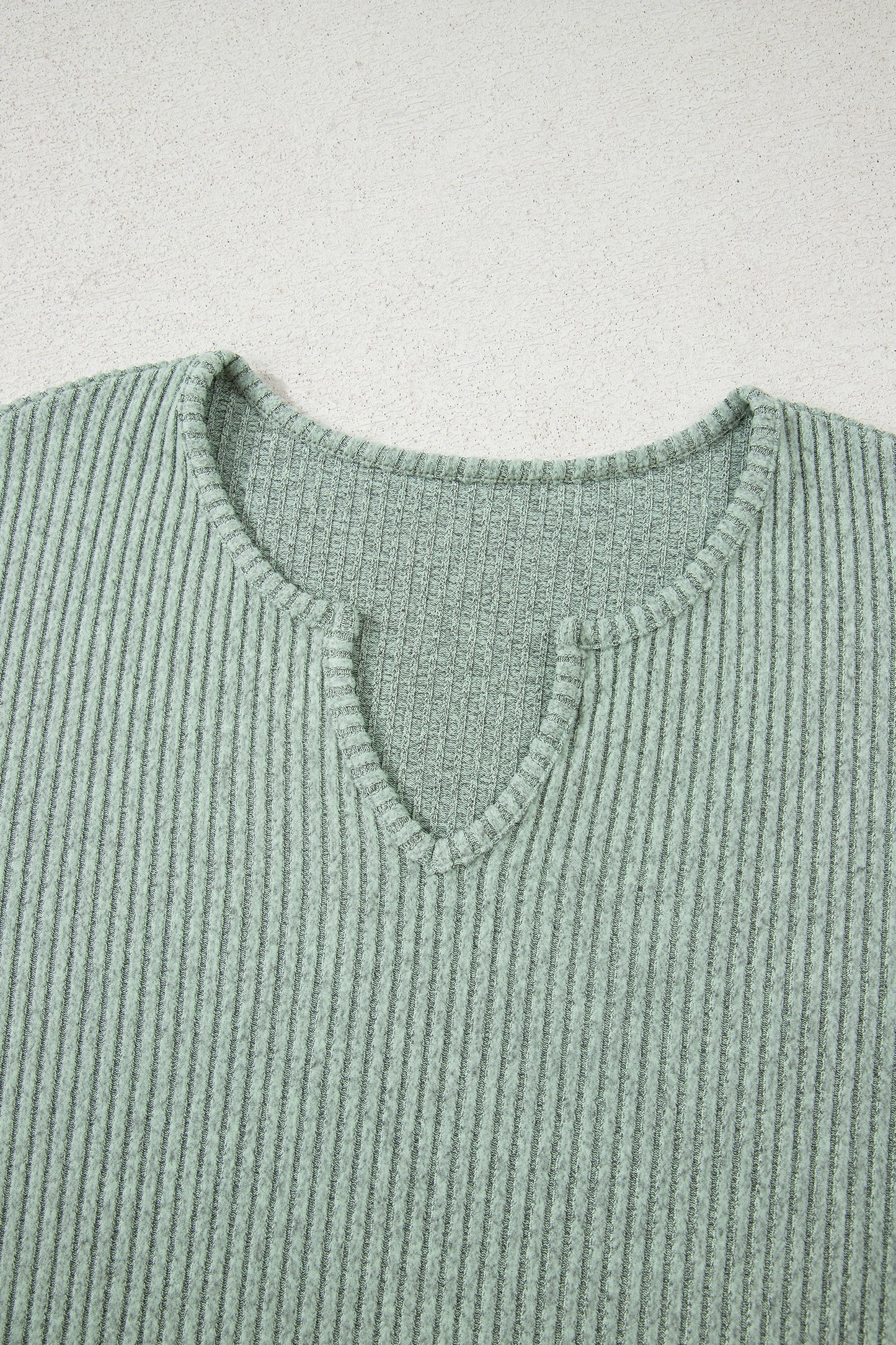 2pcs Grass Green Ribbed Notched Neck Knit Long Sleeve Leggings Lounge Set