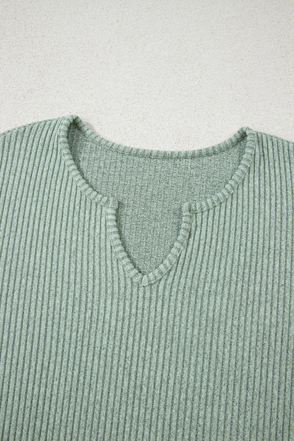 2pcs Grass Green Ribbed Notched Neck Knit Long Sleeve Leggings Lounge Set