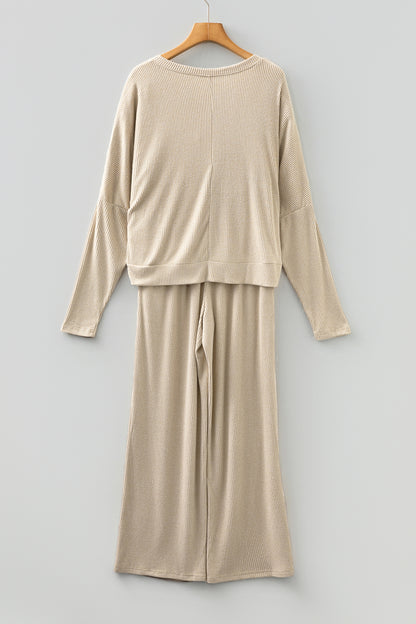 2pcs Jet Stream 3D Ribbed V Neck Pullover Drawstring Pants Lounge Set