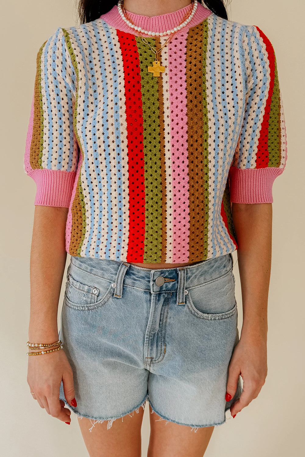 Multicolor Striped Pointelle Knit Short Sleeve Sweater