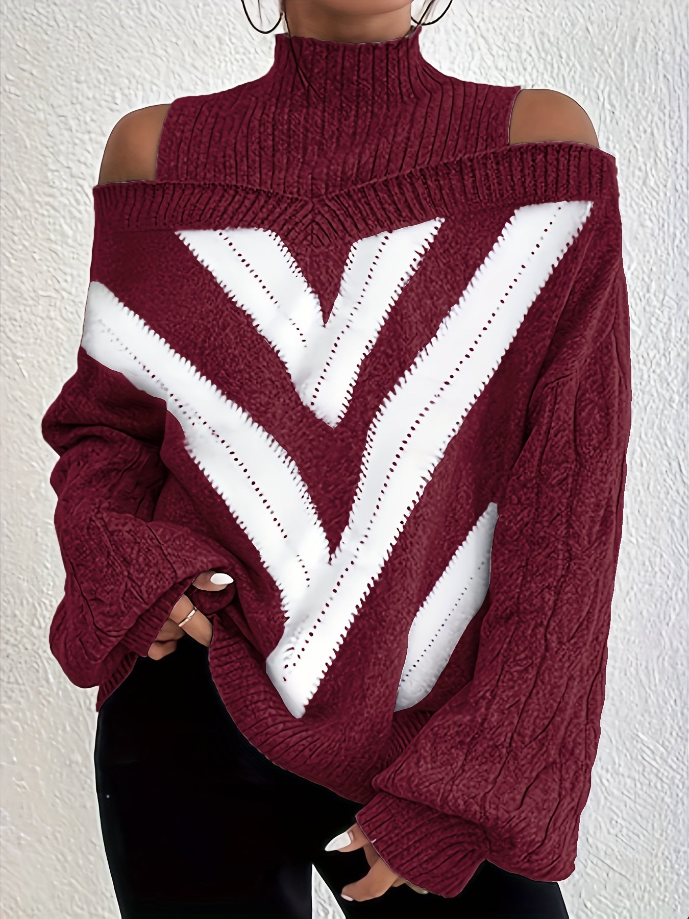 Plus Size Off-Shoulder High Neck Cable Sweater