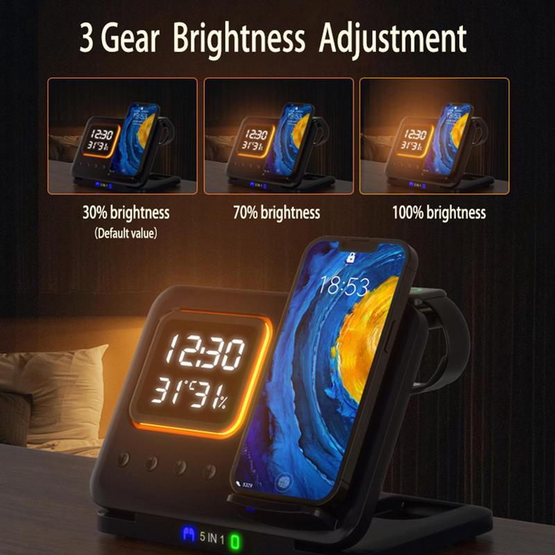 5 in 1 Fast Charging Wireless Charging Stand with LED Digital Alarm Clock