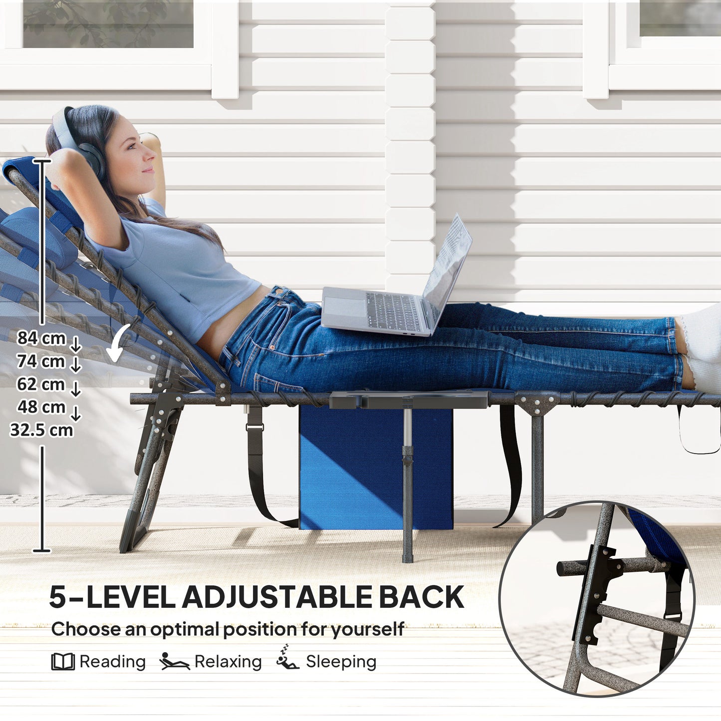 Outdoor Telescopic Folding Chair With 5-Level Adjustable Back, Side Table, Pillow, Pocket, Dark Blue