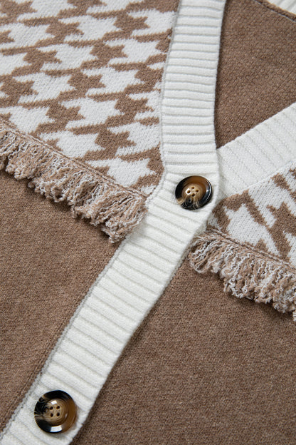 Khaki Houndstooth Color Block V Neck Raw Edge Button Front Cardigan