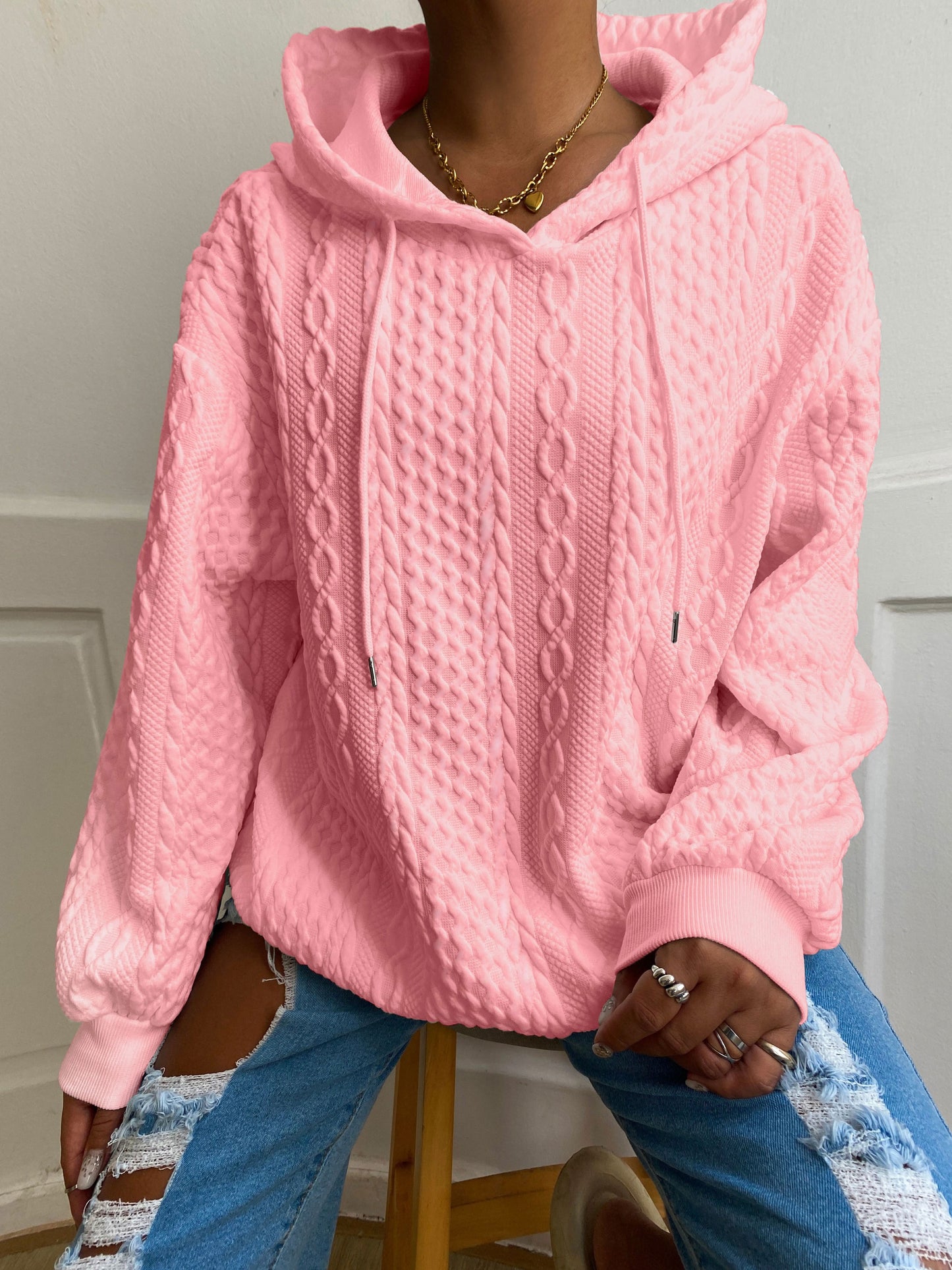 Plus Size Women's Solid Ribbed Long Sleeve Hoodie - Slight Stretch Drawstring Sweatshirt