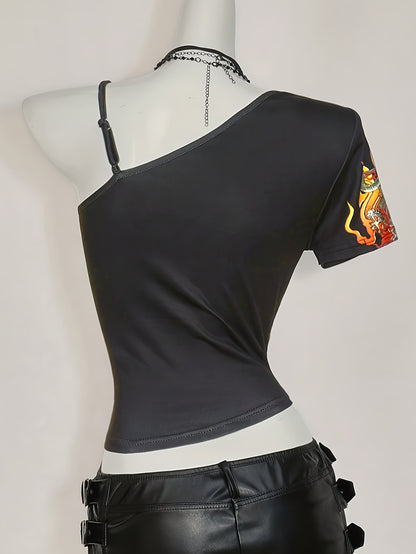 Y2K-Inspired Off-Shoulder Bold Dragon Print, Red & Black Shirt