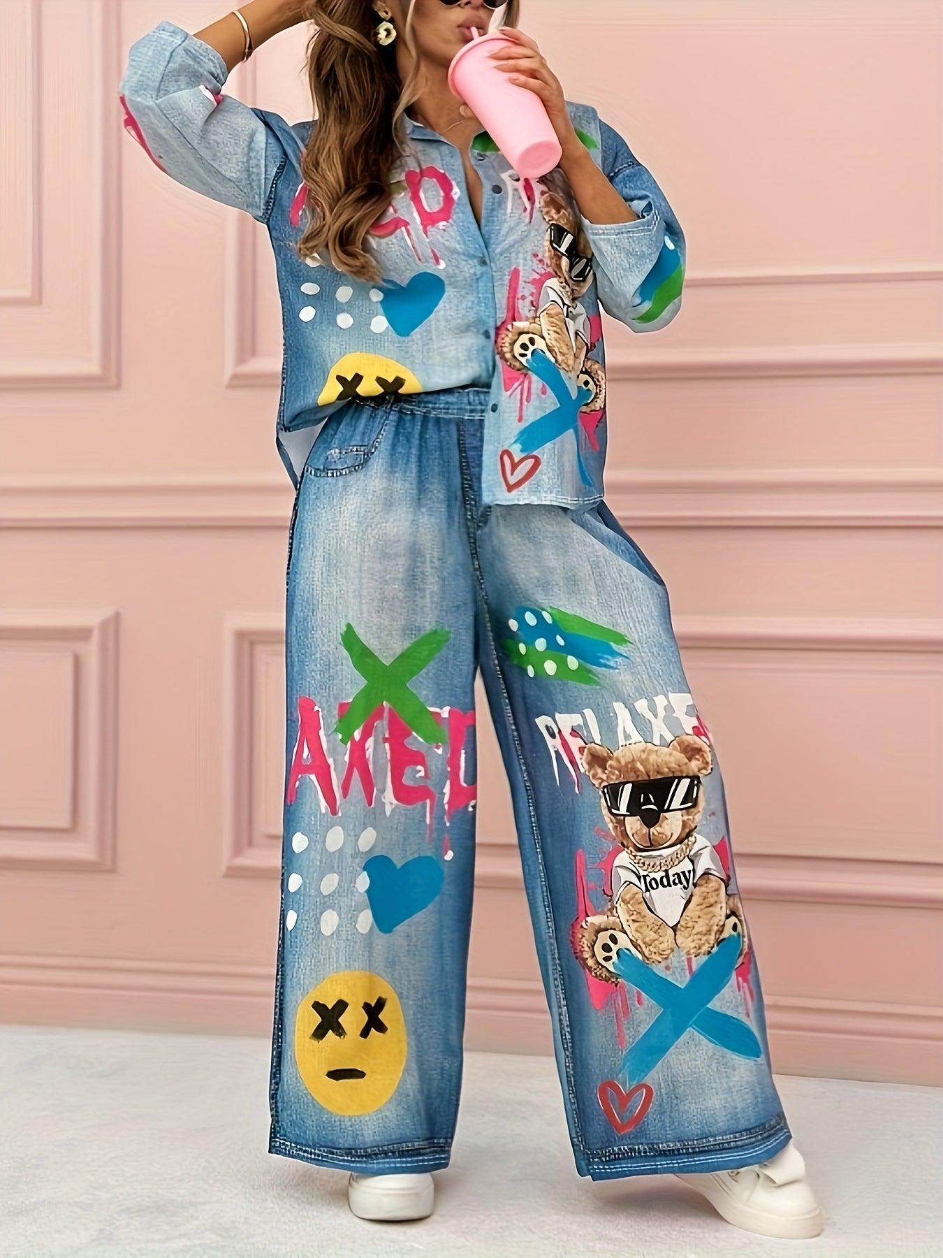 Women's Cute Trendy Two-Piece Outfit Graffiti Set