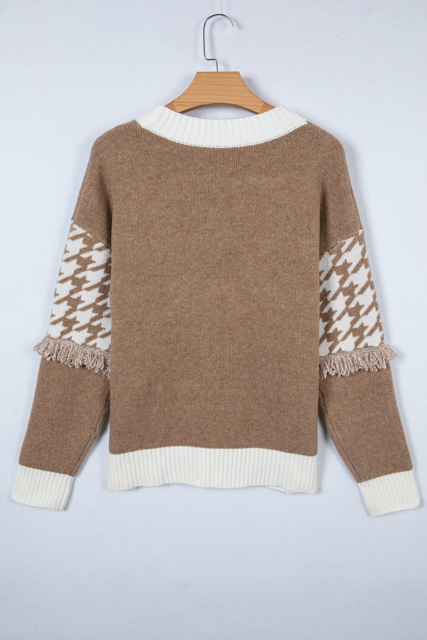 Khaki Houndstooth Color Block V Neck Raw Edge Button Front Cardigan