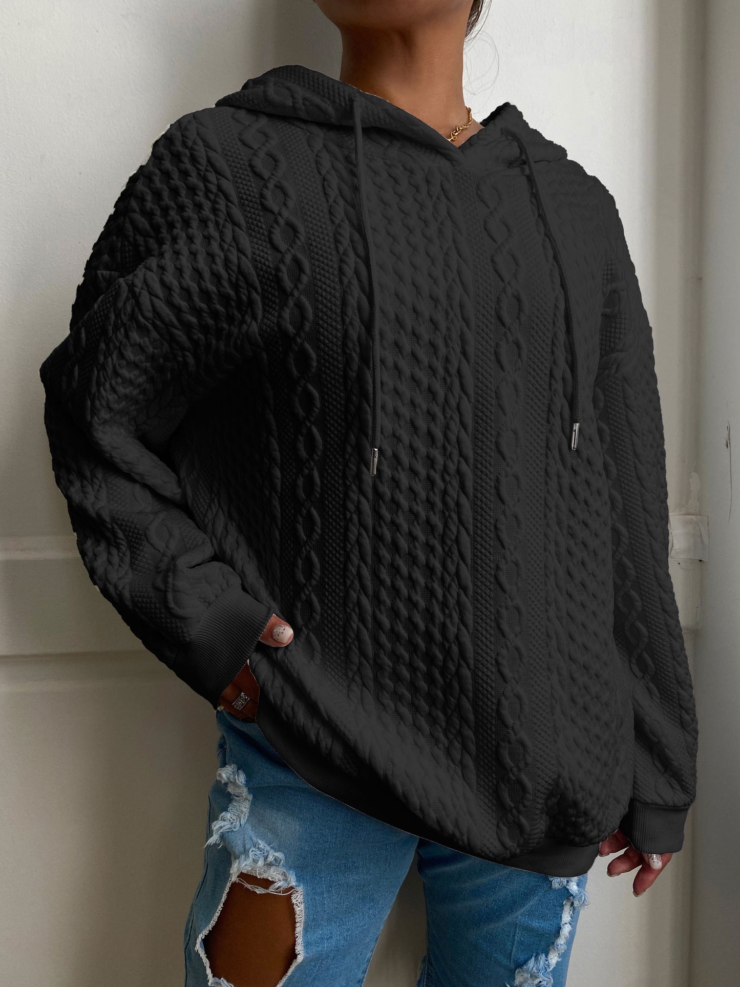 Plus Size Women's Solid Ribbed Long Sleeve Hoodie - Slight Stretch Drawstring Sweatshirt
