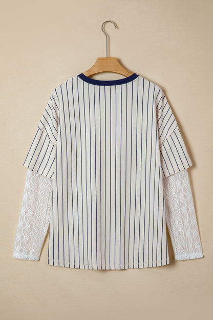 Blue Stripe 88 LOS ANGELES Graphic Lace Patchwork Faux Two Piece V Neck Top