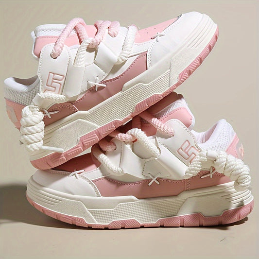 Cute Women's Chunky Pink Lace-Up Sneakers