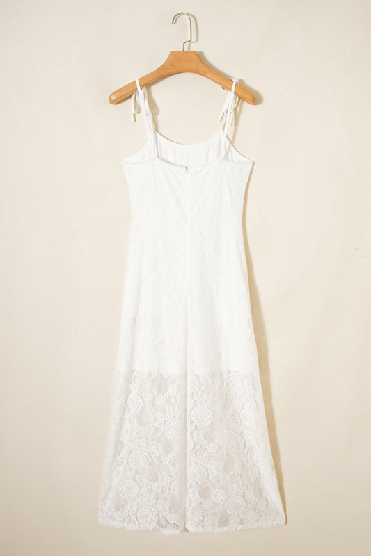 White Tie Spaghetti Straps Floral Lace Overlay Long Dress