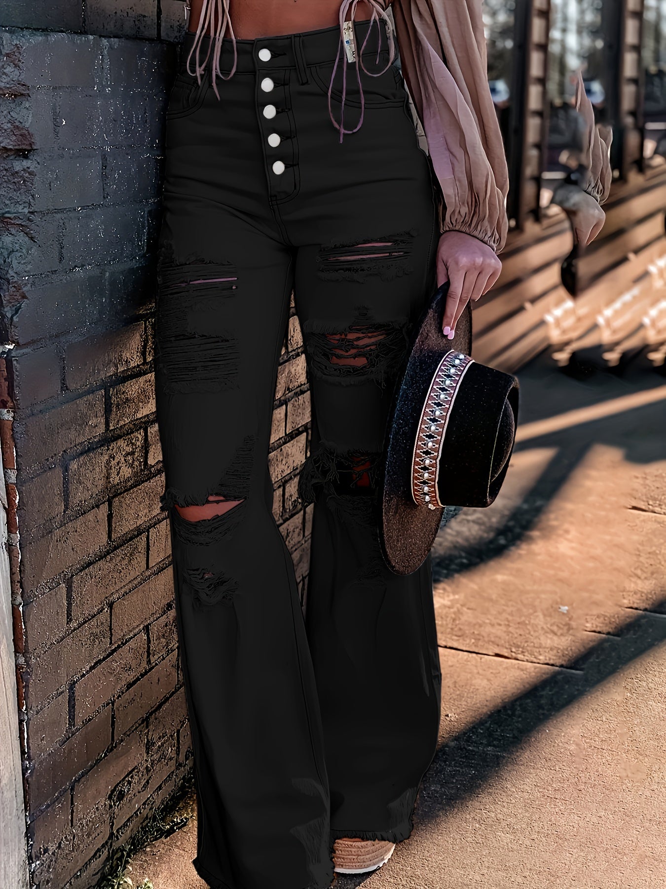 Women's Sexy Ripped Flare Jeans with Single Breasted Button Closure