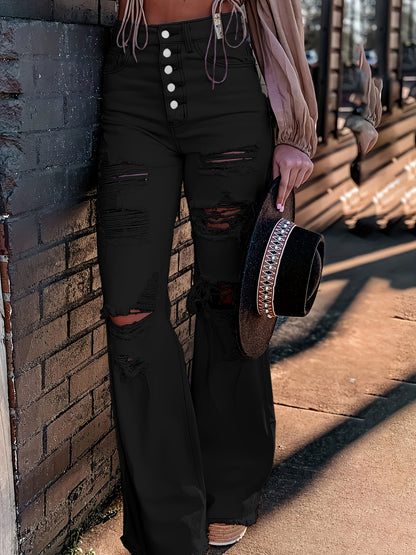 Women's Sexy Ripped Flare Jeans with Single Breasted Button Closure