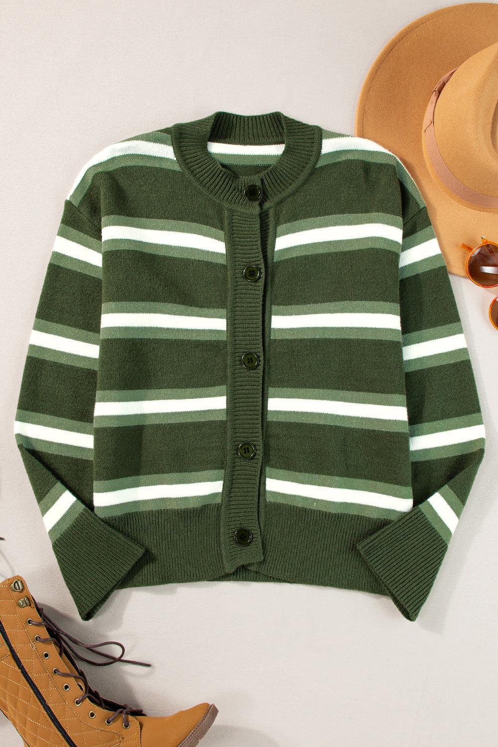 Green Stripe Drop Shoulder Buttons Cardigan Sweater