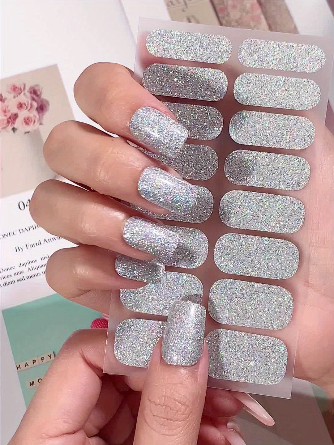 8 Sheets Pink Nail Glitter Self-Adhesive Gel Nail Stickers, Suitable for Women's Home DIY Self-use Nail Art Supplies Nail Art Kit