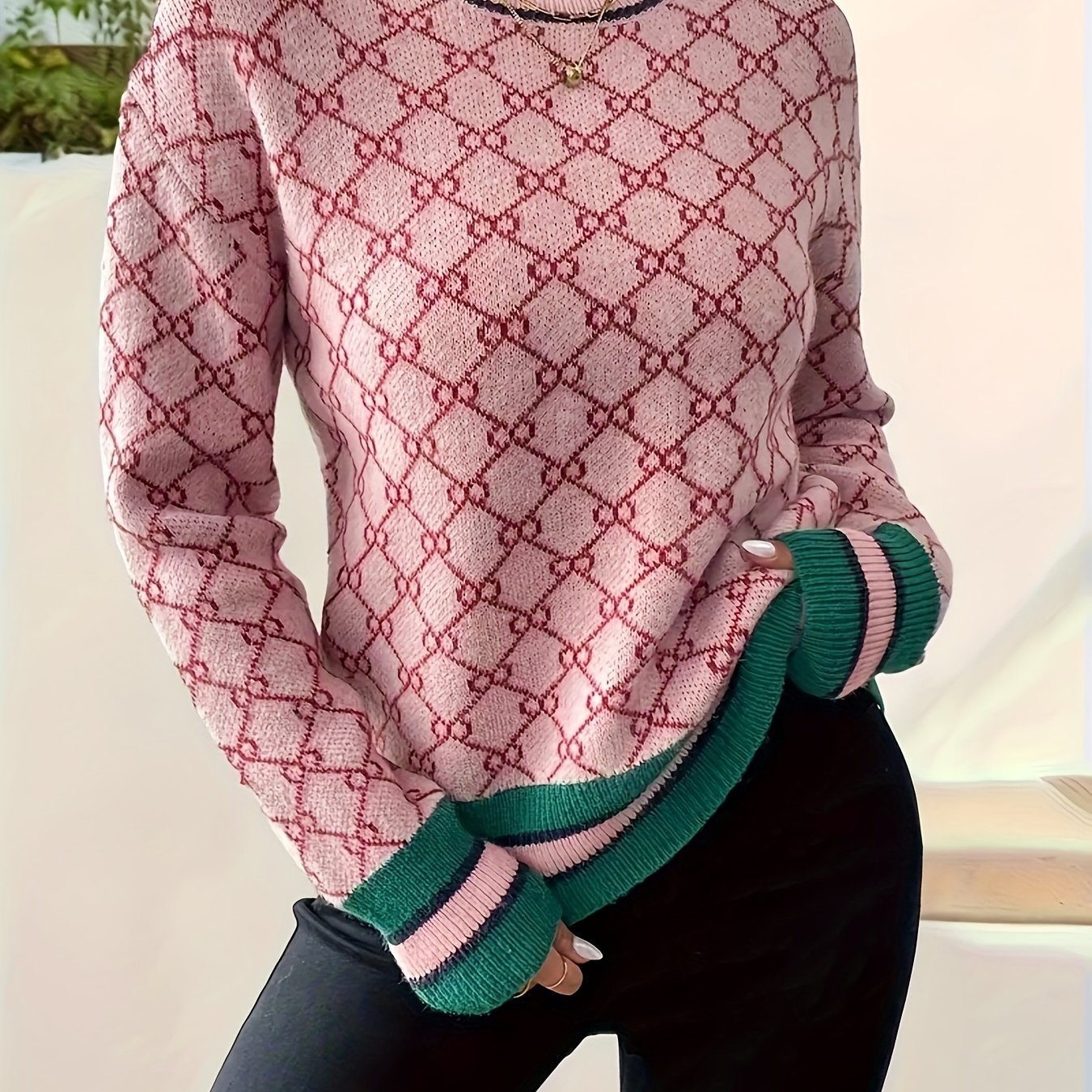 Women's Pink Elegant Geometric Sweater