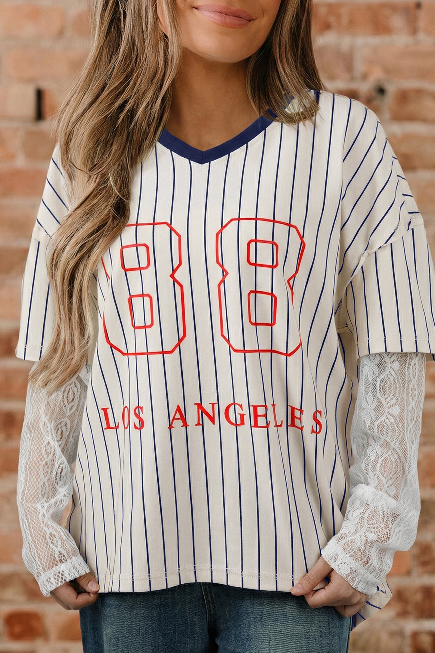 Blue Stripe 88 LOS ANGELES Graphic Lace Patchwork Faux Two Piece V Neck Top