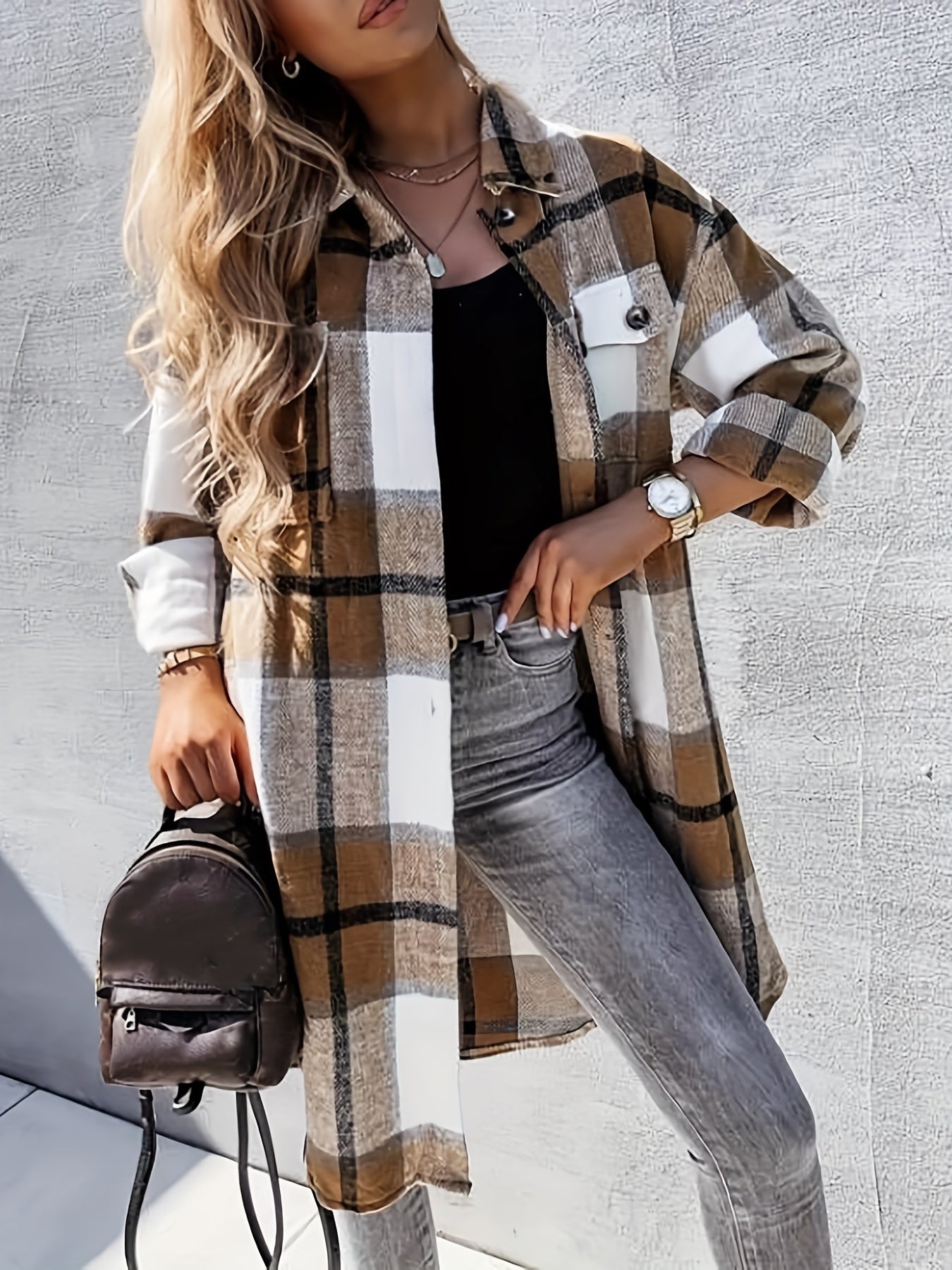 Stylish Plaid Print Womens Long Jacket - Relaxed Casual Button Front with Flap PocketsSl