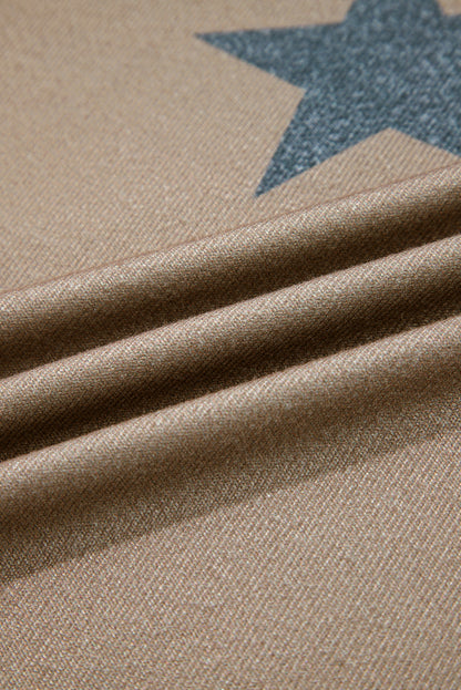 2pcs Khaki Retro Star Print Loose Long Sleeve Drawstring Wide Leg Lounge Set