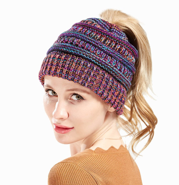 Women's Mixed Color Knitted Wool Ponytail Hat