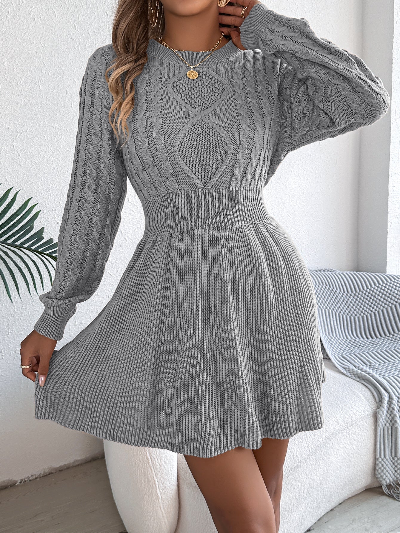 Women's Solid Knit Waist Lantern Sleeve Sweater Dress