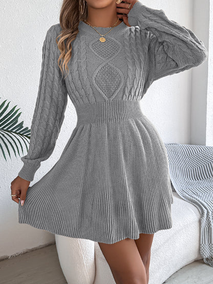 Women's Solid Knit Waist Lantern Sleeve Sweater Dress