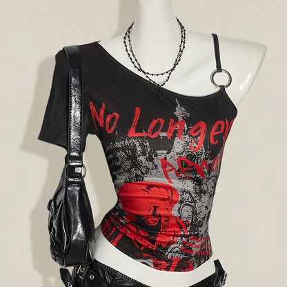 Y2K-Inspired Off-Shoulder Bold Dragon Print, Red & Black Shirt