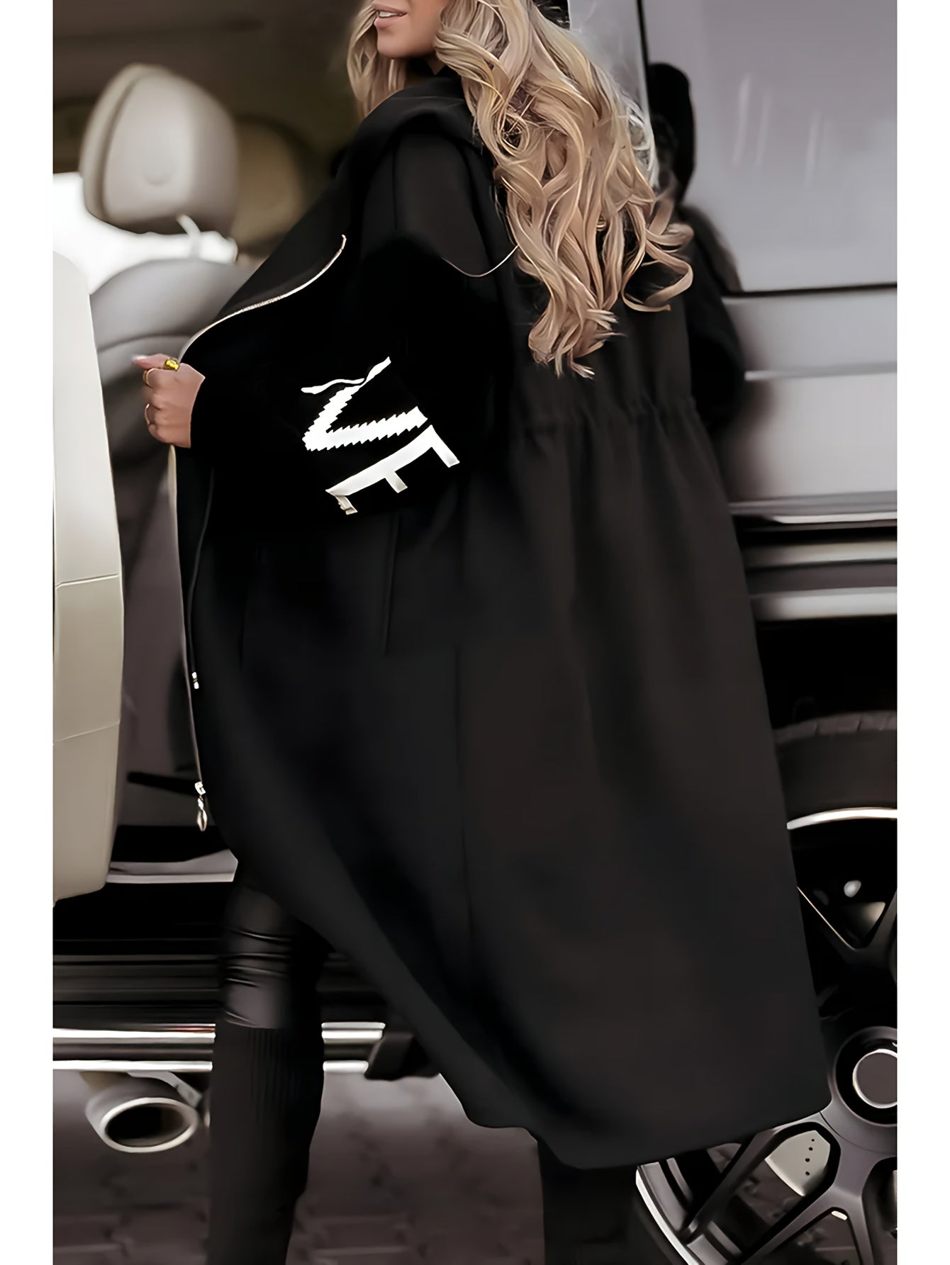 Women's Black & White Casual Hooded Coat