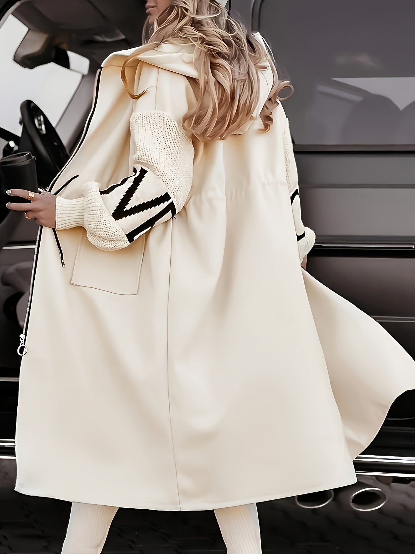 Women's Black & White Casual Hooded Coat