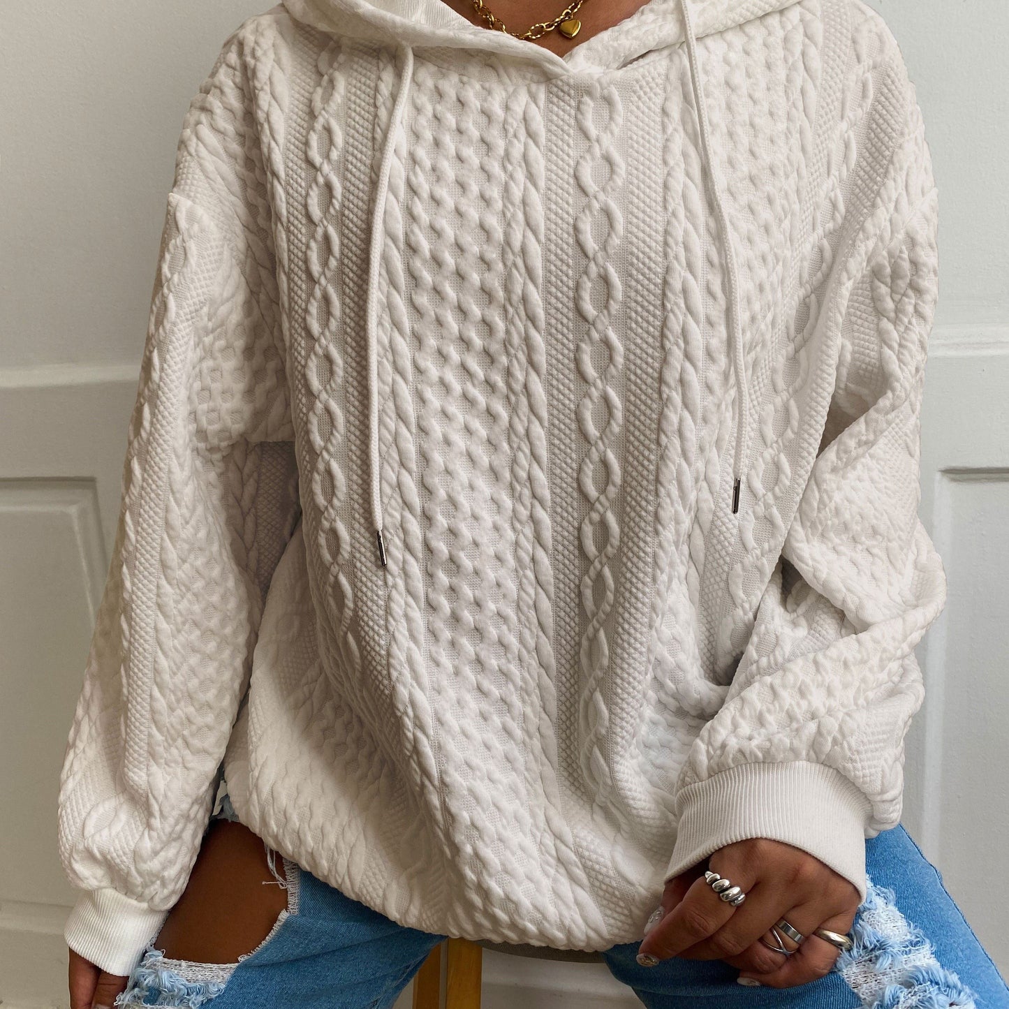 Plus Size Women's Solid Ribbed Long Sleeve Hoodie - Slight Stretch Drawstring Sweatshirt