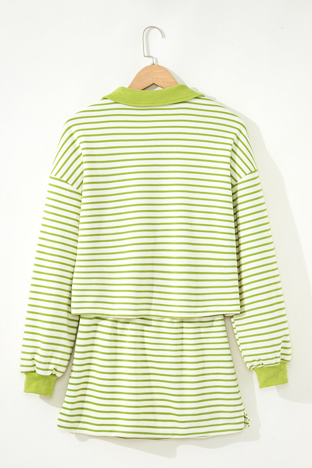2pcs Green Stripe Collared V Neck Drop Shoulder Pullover and Skort Outfit