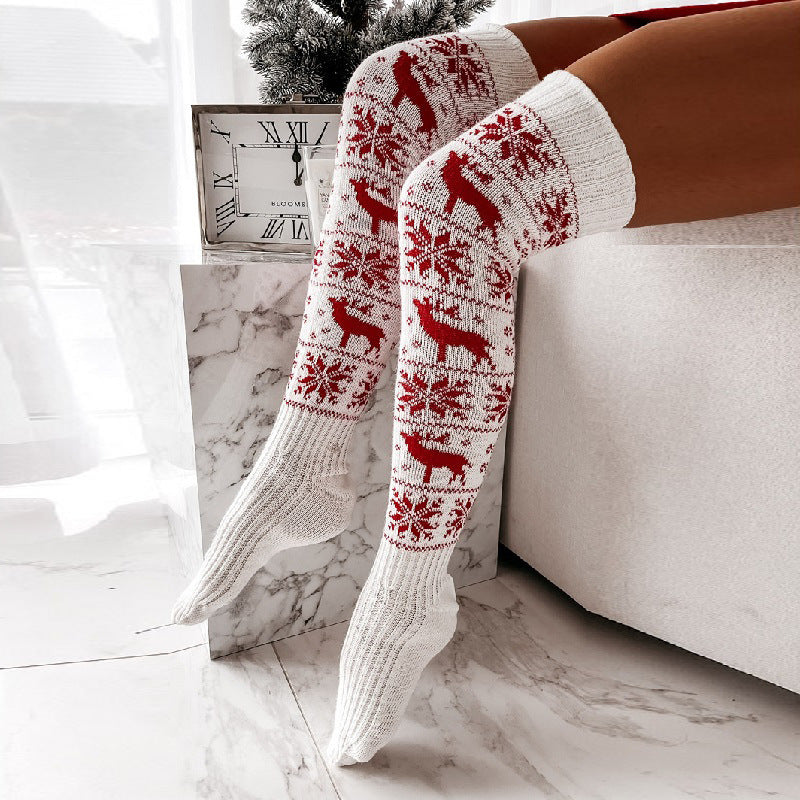 Women's Warm Knitted Elk Snowflake Long Socks