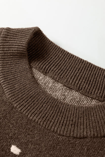 Coffee Dotted Print Ribbed Edge Knit Sweater