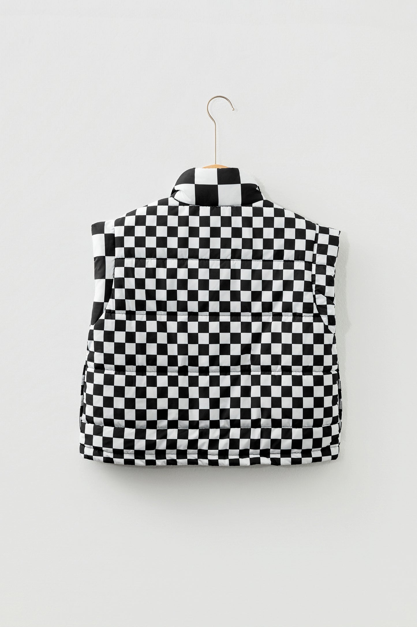 Black Double Checked Stand Collar Cropped Puffer Vest