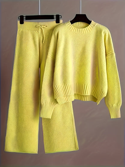 2pcs Women's Soft Casual Elegant Round Neck Sweater & Wide-Leg Pants Set