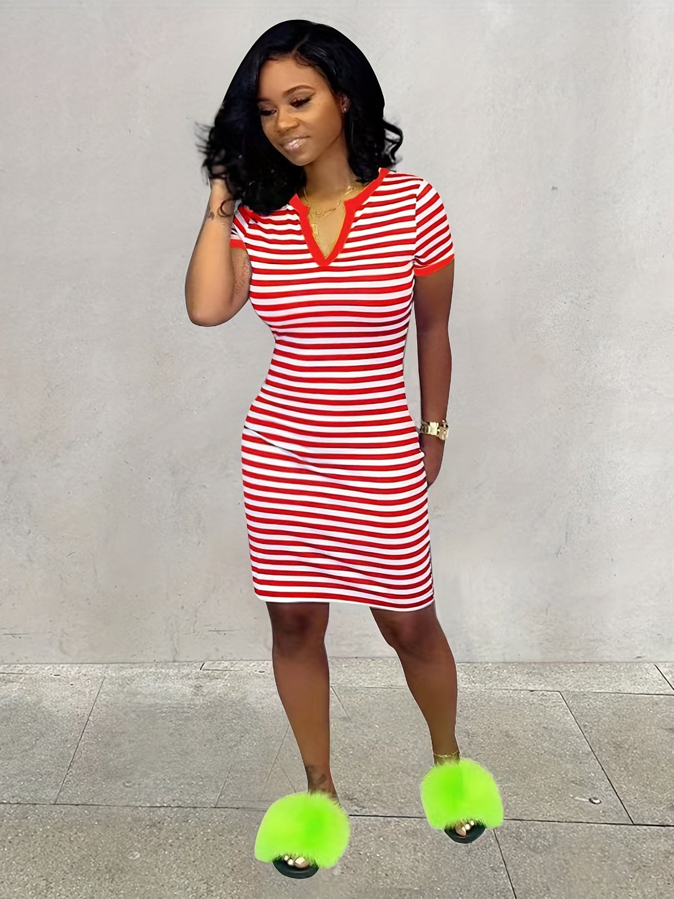 Women's Striped Bodycon Notched Neck Dress